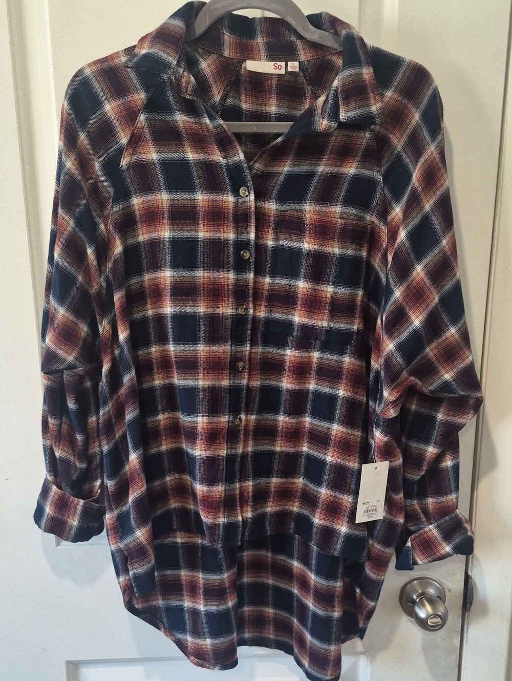 NWT SO Plaid Button-Down Shirt in Navy and Brown